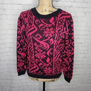 Vintage 80's Hot Pink Black Glitter Kawaii  Grandma Sweater